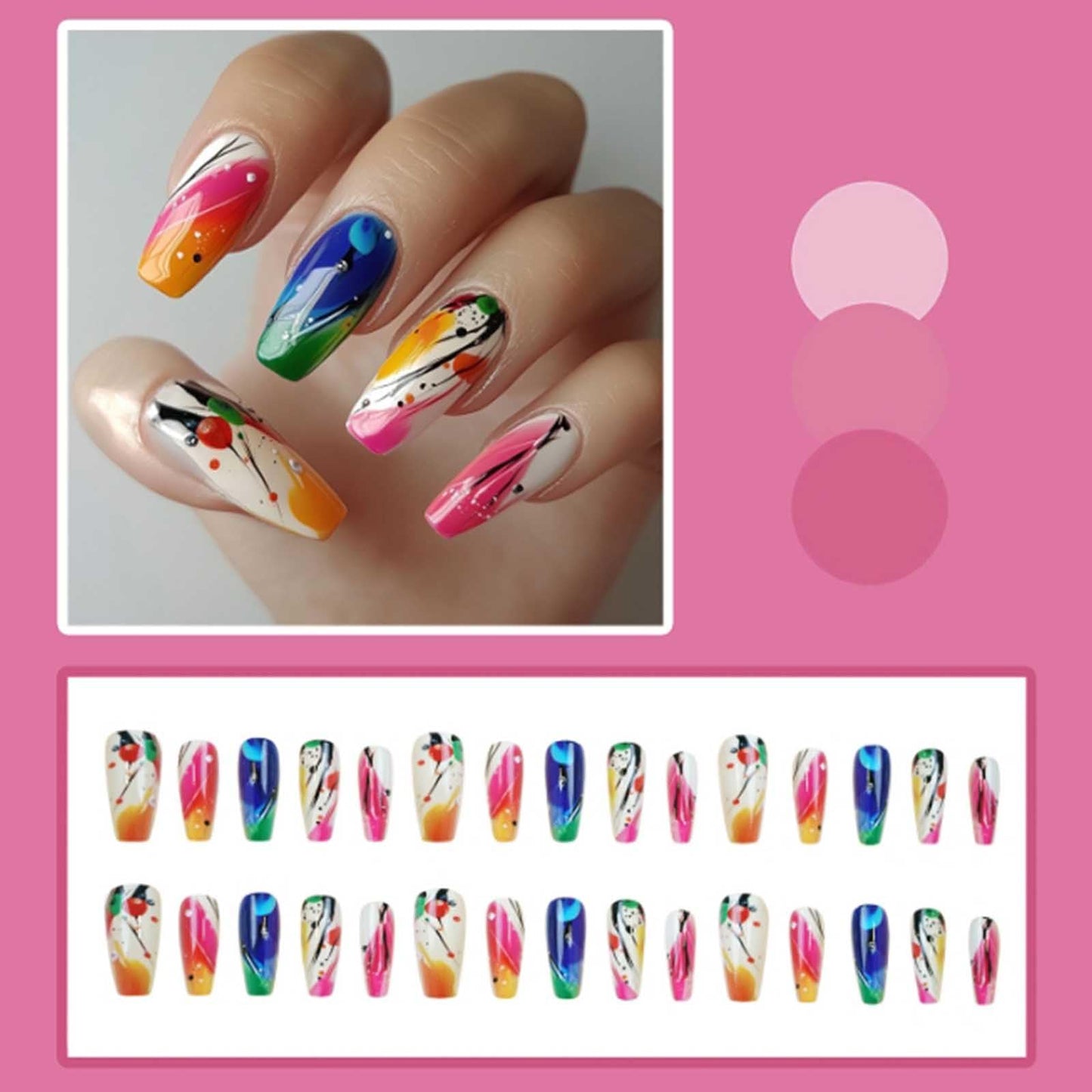 Gifiky Long Coffin False Nails Colorful Graffiti Press on Nails Cute Gradient Nails Tips Acrylic Full Cover Fake Nails for Women and Girls 24Pcs