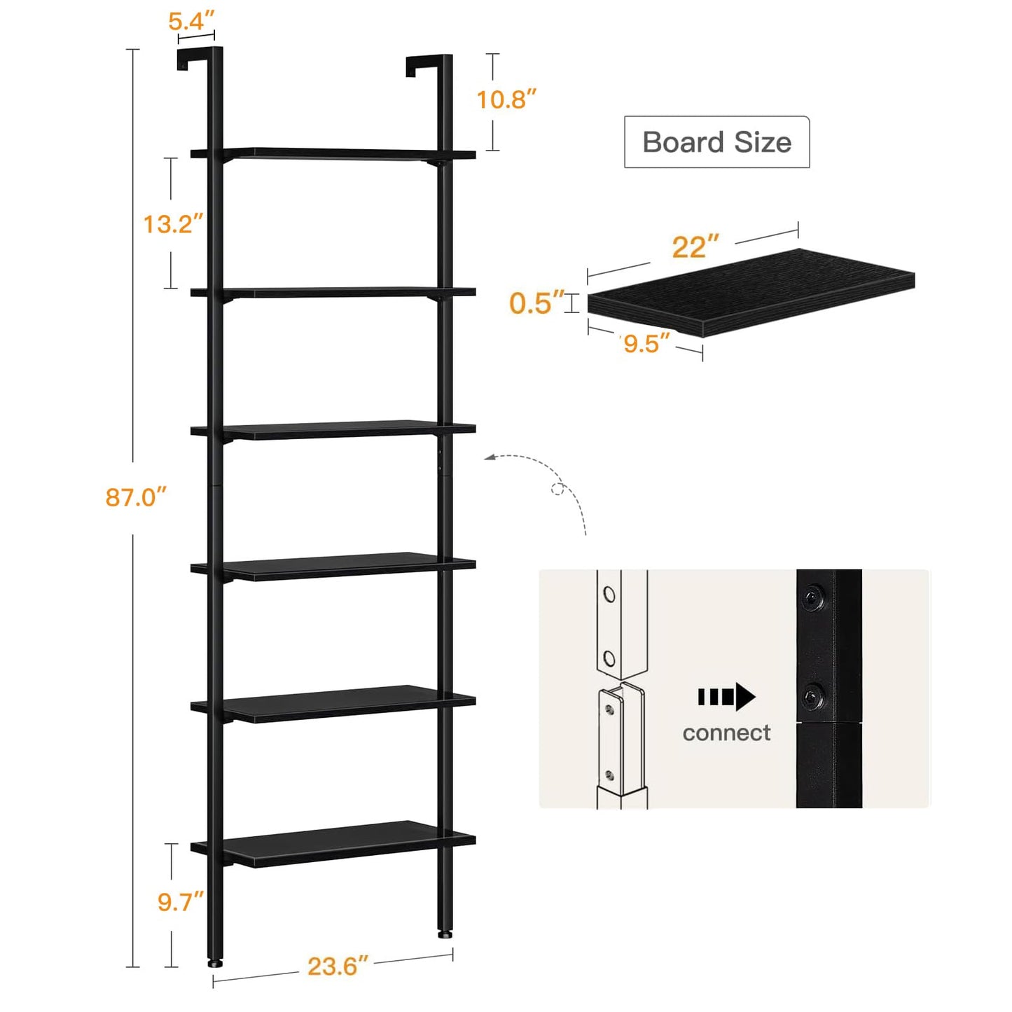 ODK 6-Tier Ladder Shelf, Book Shelf with Metal Frame, Bookcase for Living Room, Home Office, Kitchen & Bedroom, Space Saving Freestanding Organizer Rack, Black (10" D x 24" W x 87" H)