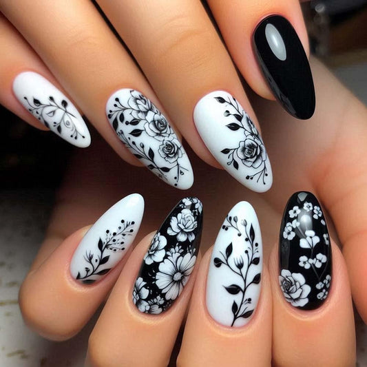 Almond Press On Nails Medium Fake Nails White False Nails With Flower Design Full Cover Acrylic Artificial Glossy Floral Glue On Nail Black Stick On Nail For Women 24pcs