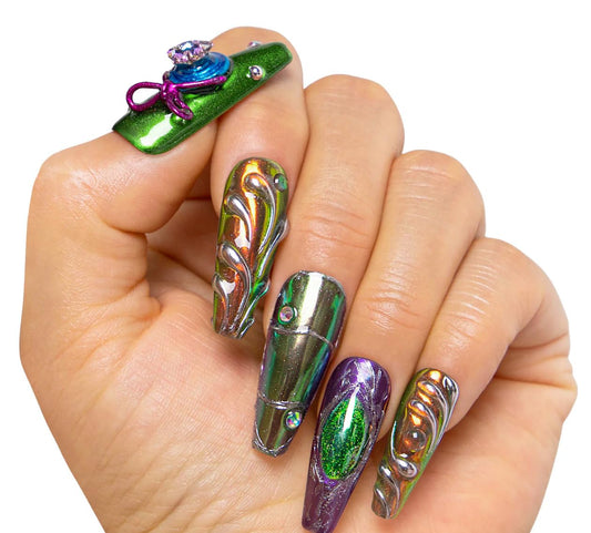 LOVFUL Reusable Press on Nails | Chrome Couture Stellar Muse | Salon Quality Sustainable Style Handmade with Full Covered Crystals | Coffin Classic Regular 1.3 in | H463-L