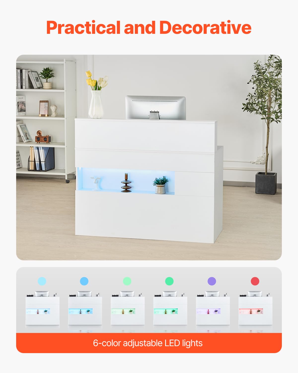 VEVOR Reception Desk, 47 Inch Rectangular Front Counter Table, Office Reception Desk with LED Light, 2 Drawers and Power Outlets, for Checkout, Lobby, Beauty Salon and Office, White