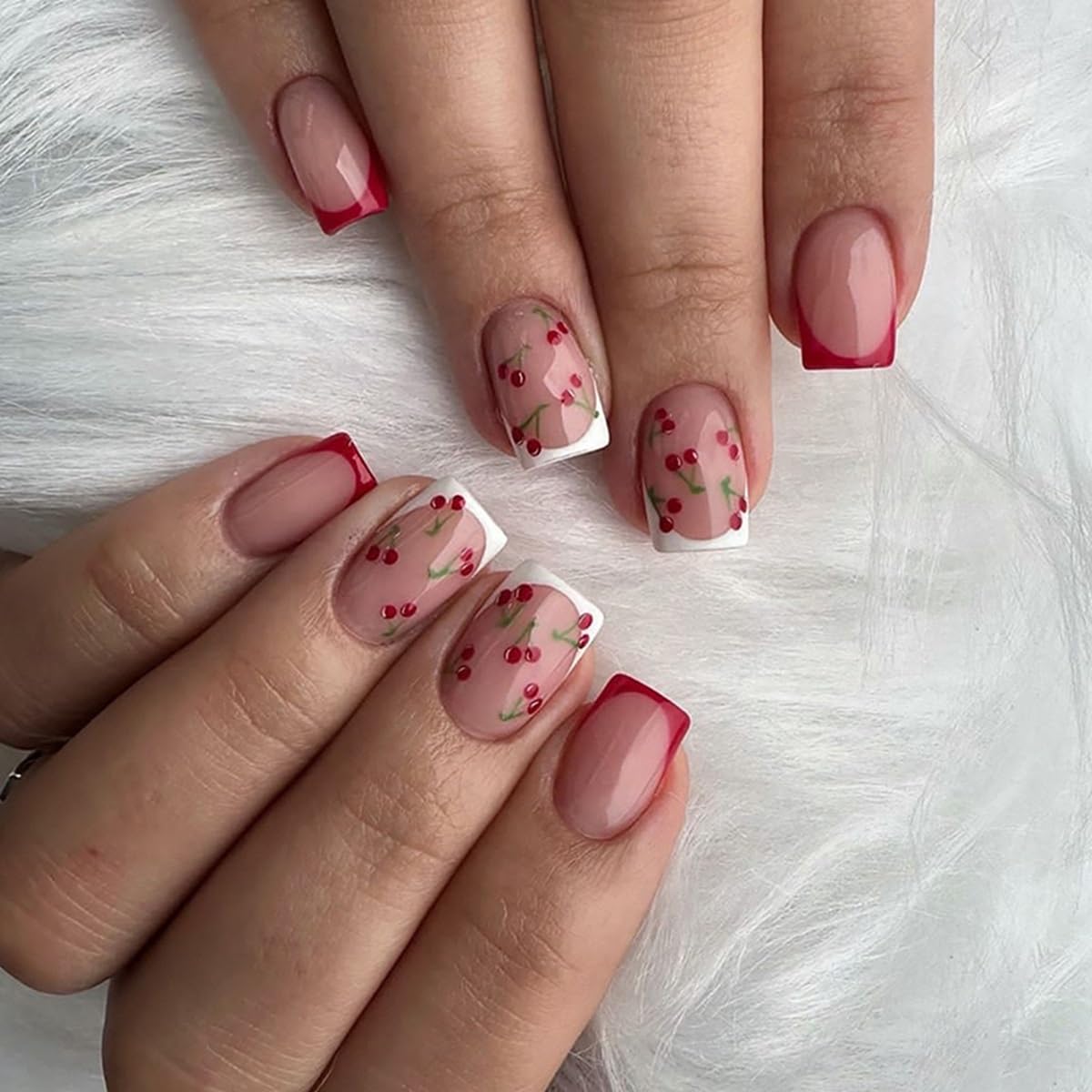 6 Packs (144 Pcs) Square Press on Nails - French Tip, Red, Heart False Nails - Short, Medium Glue on Fake Nails for Women - 12 Sizes, 6 Styles
