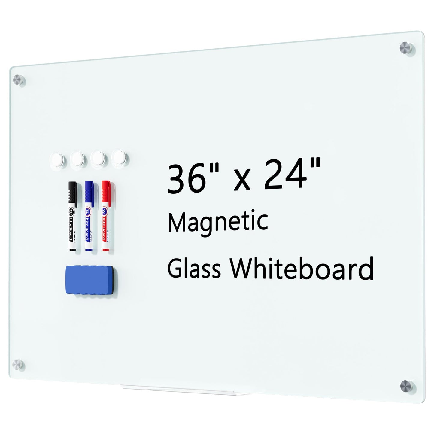 Magnetic Glass Whiteboard for Wall, 36" x 24" Large Dry Erase Board, Frameless Wall-Mounted White Board School, Classroom, Office & Home