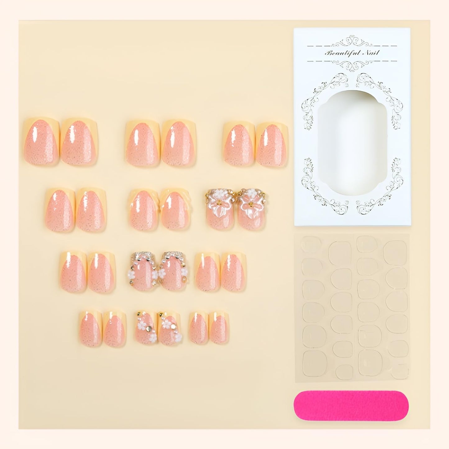 French Tip Press on Nails Short Square Fake Nails 3D Flower Nails Press Ons with Rhinestones Design Yellower French Tip False Nails Glossy Glue on Nail Spring Stick on Nail for Women 24Pcs