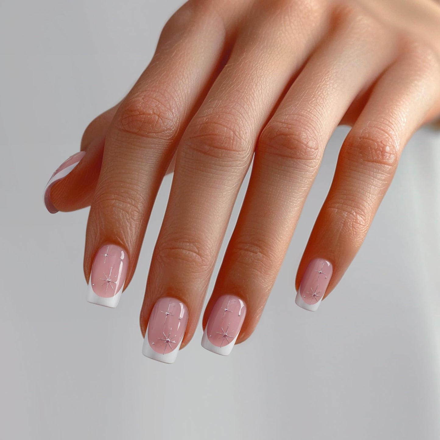 BTArtbox French Tip Press On Nails - Pink Short Press On Nails with Stars, Soft Gel Glue On Nails with Nail Glue in 16 Sizes, 32 Stick on Nails Kit, Starlit Sparkle
