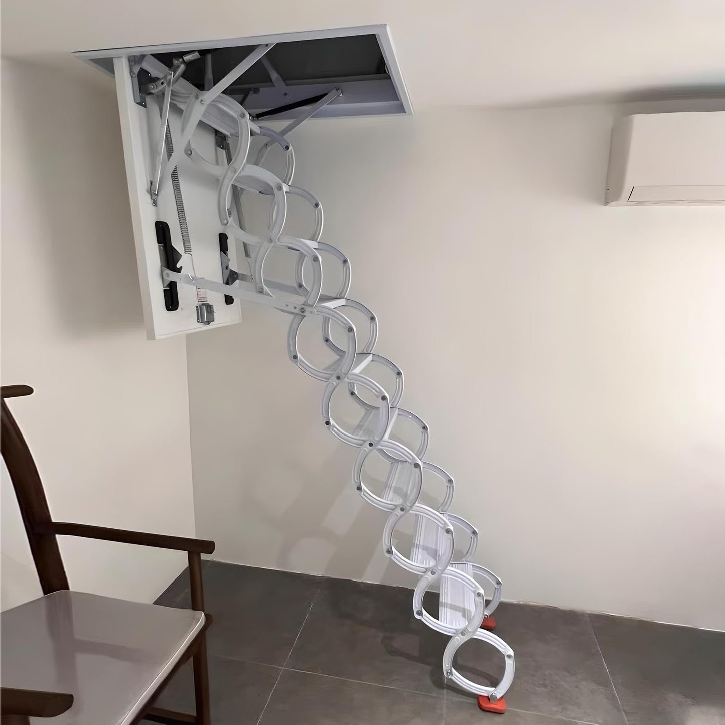 Ceiling Mount Attic Ladder, Retractable Attic Ladder Ceiling Pull Down System, 12 Steps Folding Loft Step with Armrests, Hidden Mount Attic Extension Stairs for Garage(White, Step 12)