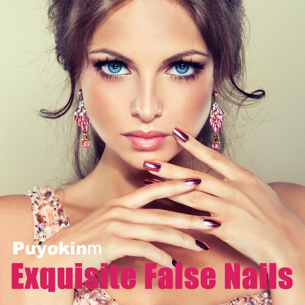 Puyokinm Press-on Nails, 24Pcs Pink Glitter Square, Medium False Nails with Jelly Glue, Full Cover, Acrylic ABS, Art Deco Style for Women Manicure