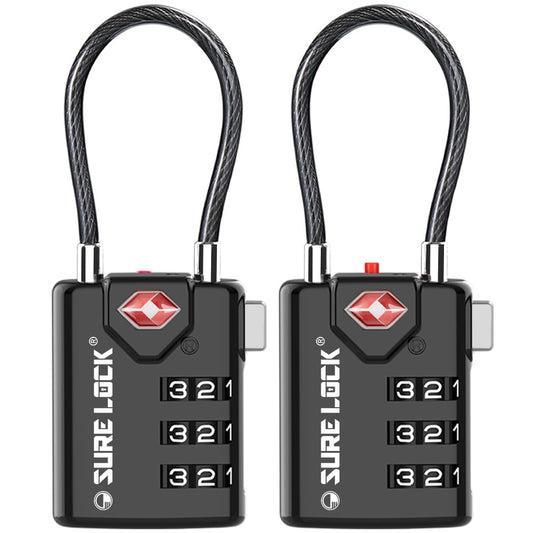 SURE LOCK TSA Approved Luggage Locks with Open Alert Indicator, 3 Digit Combination Cable Travel Lock for Suitcase, Backpack, Gym Locker, Toolbox & Travel Bag, 2 Pack Black