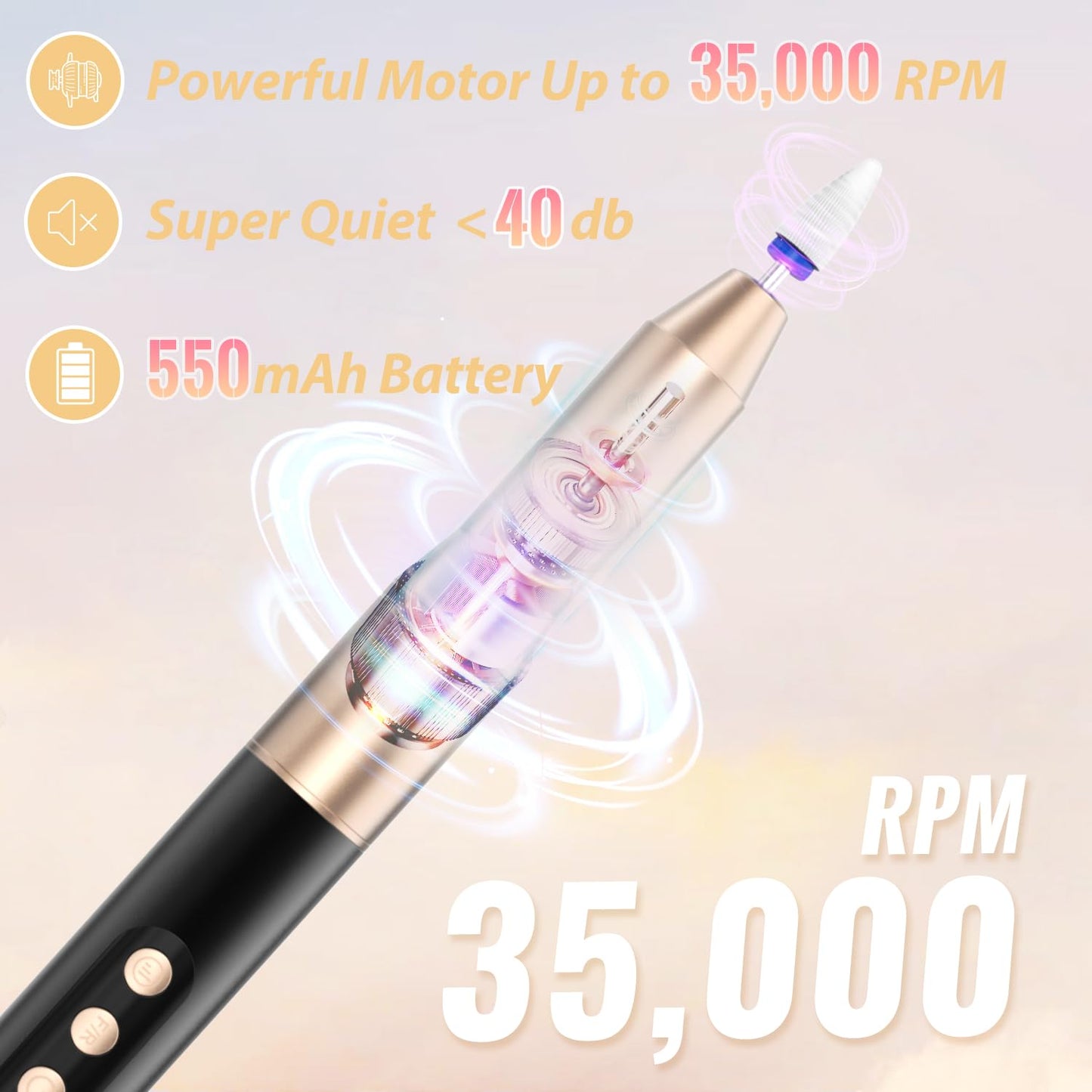 Denabuty Cordless Electric Nail Drill File: 35000RPM Professional Nail Drill Machine with UV LED Nail Lamp Charging Base, Manicure Pedicure Kit E File for Acrylic Gel Dip Powder Polish Black