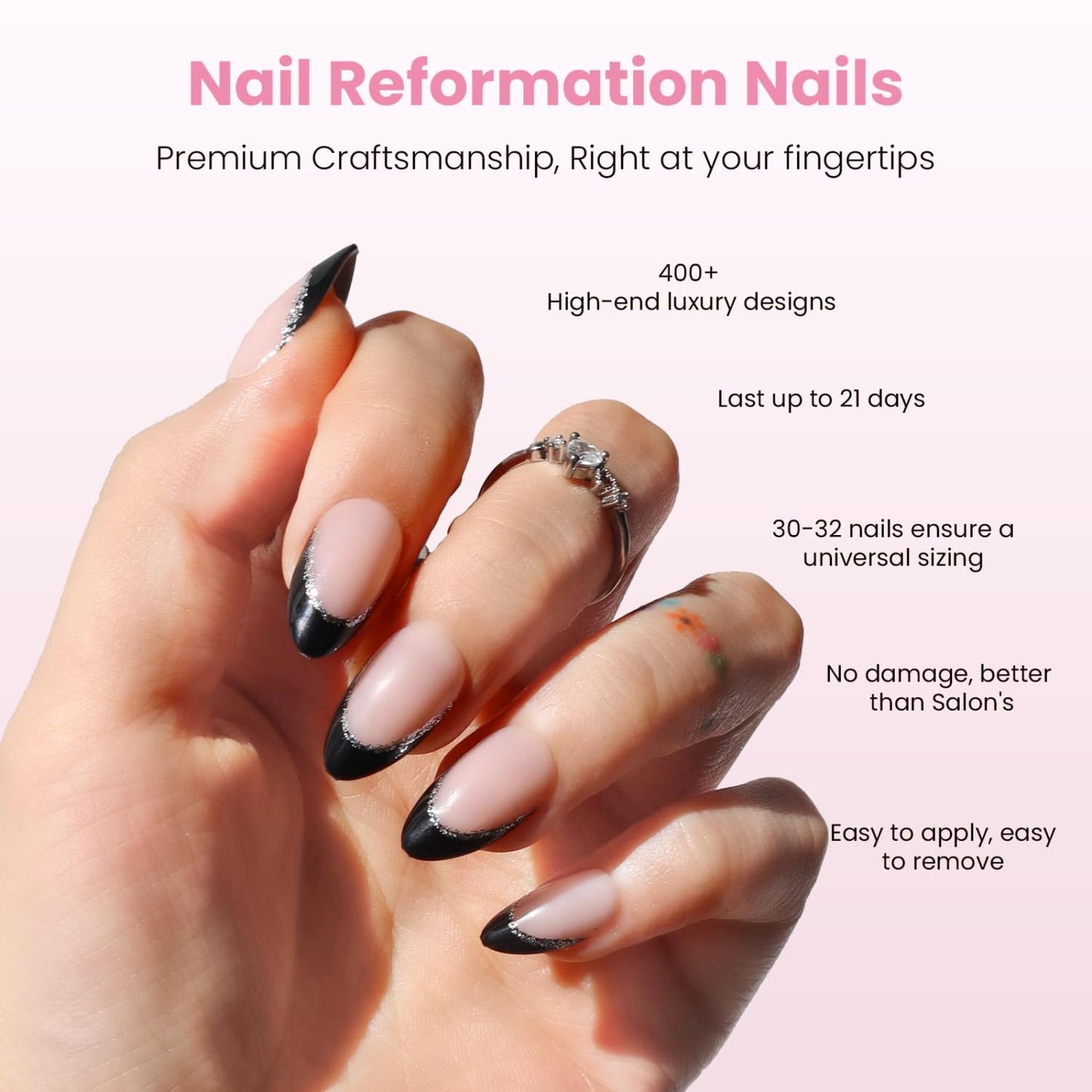 Nail Reformation Press On Nails, Silver Lining | Short Almond Fake Nails in Black Glitter French Tip on Nude Base in Glossy Finish, Reusable Stick On Nails in 16 Sizes - 32 Nail Kit for Women Gifts