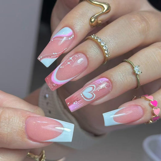 Valentines Press on Nails Medium Square Artificial Acrylic Fingernails French White Tip White Love with Glitter Coffin Nails Full Cover Glossy Heart Stick on Nail for Women Festival Manicure 24Pcs