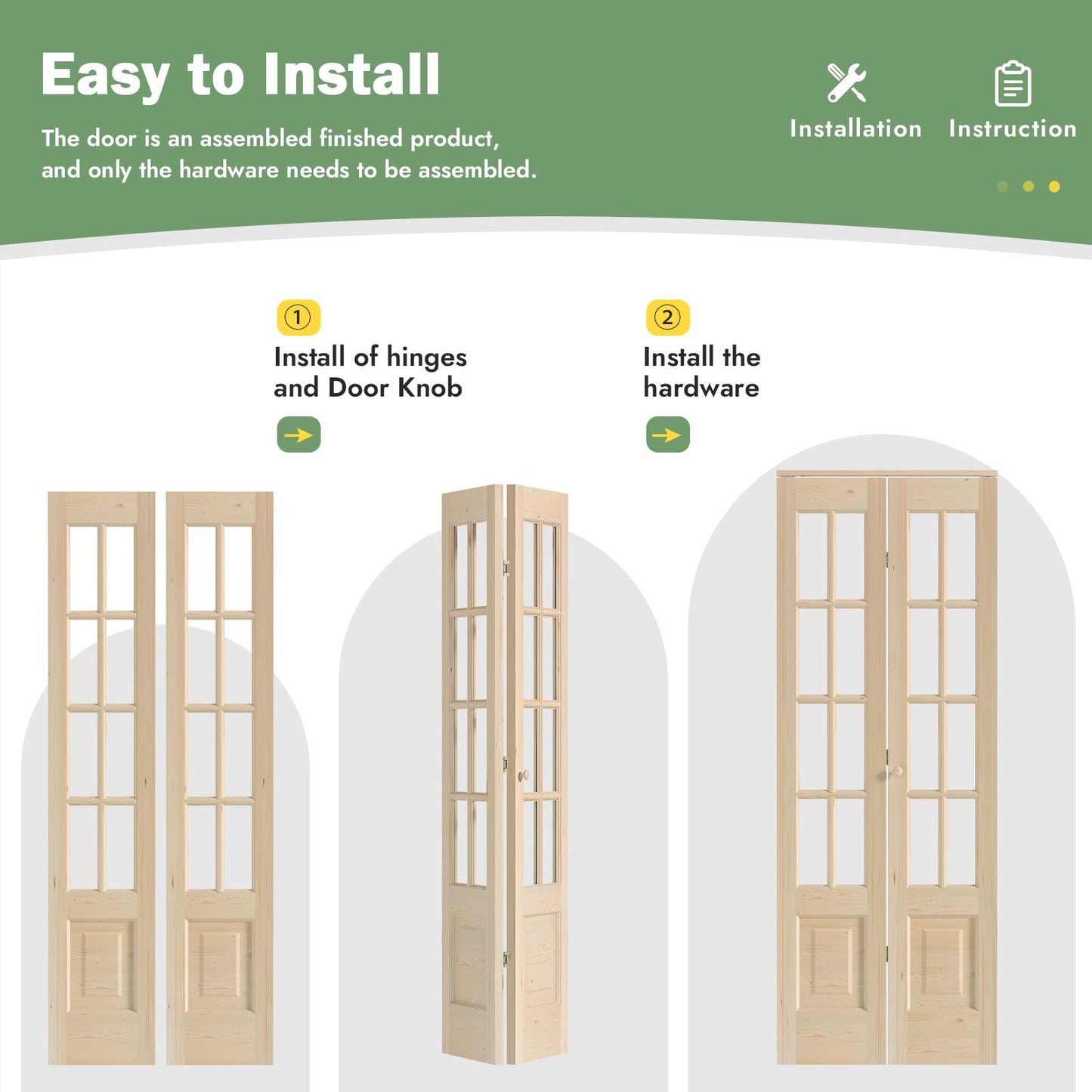 Roymelo Bifold Doors for 28"×80" Opening, Clear Glass French Interior Folding Barn Door with Concealed Hardware Kit Included, Spruce Wood Support DIY Dyeing, Preassembled Door, Save Space