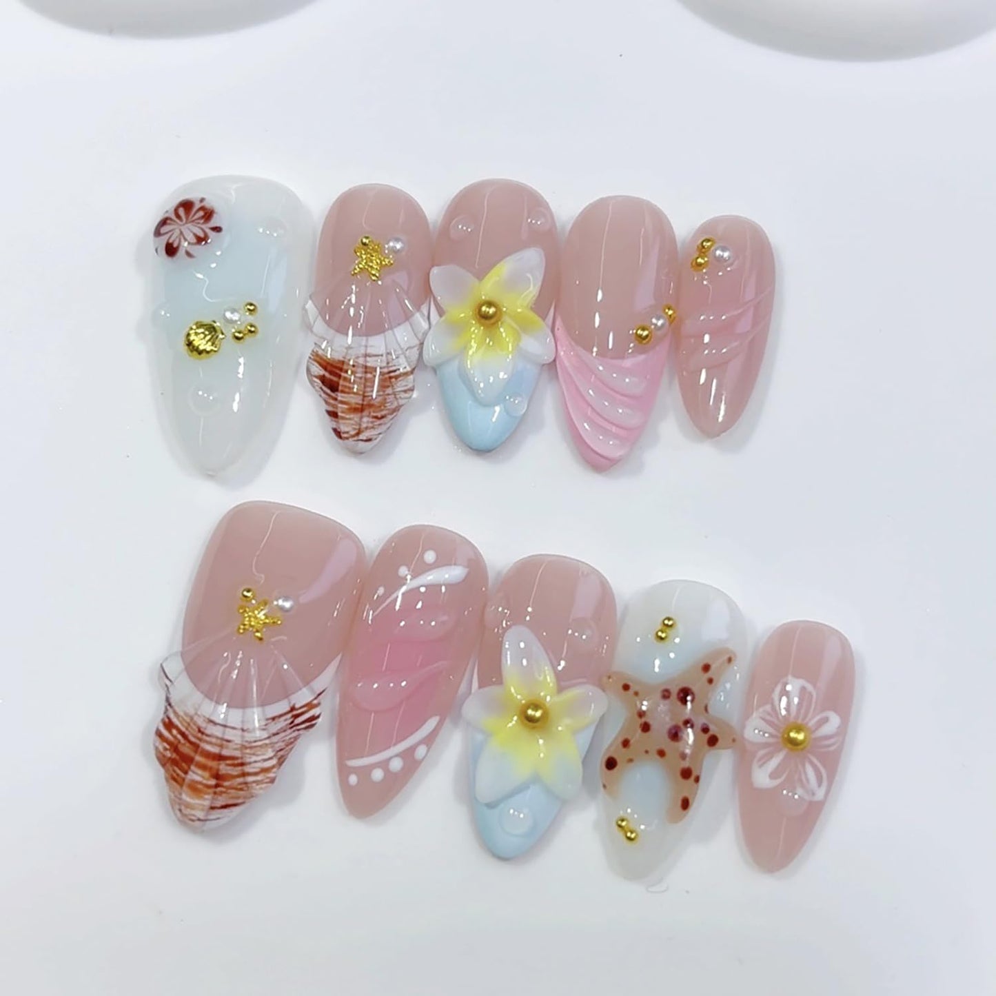 Spring Handmade Nails Almond French Press on Nails with Flower Starfish Design Gloss Fake Nail Full Cover Artificial Acrylic Stick on Nails for Women Girls Manicure DIY （S）