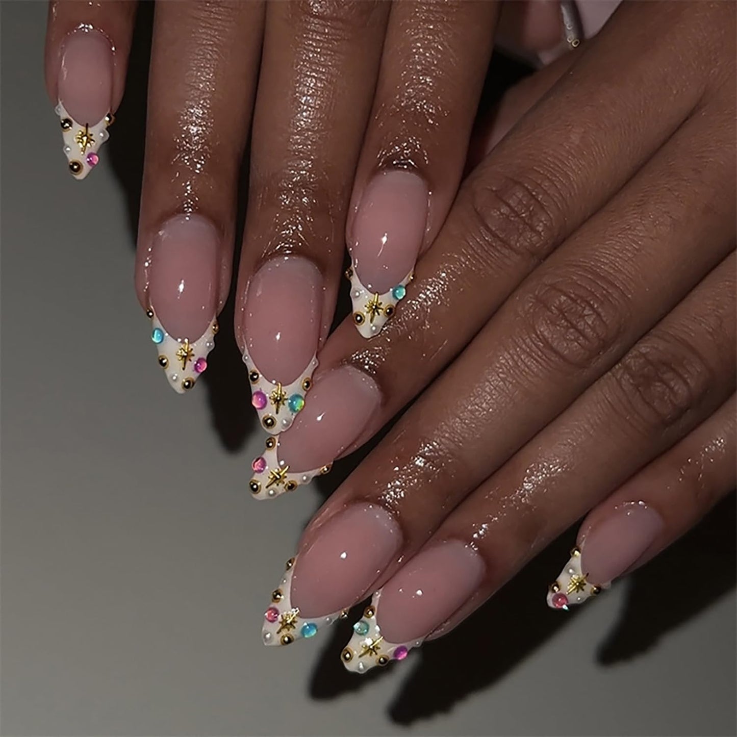 Rhinestones French Tip Press on Nails Medium Almond Shaped Colorful Diamond Design Full Cover Nude Almond Tip Press Ons False Nail Acrylic Artificial Fingernails Reusable Stick on Nails for Women