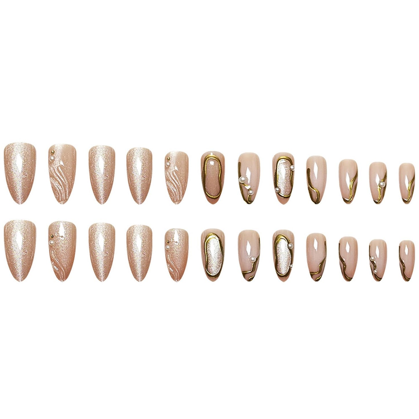 Chrome Gold Press on Nails Medium Almond Fake Nails Gilded False Nails 3D Gold Beads Pearls Press on Acrylic Nails Water Ripples Stick on Nail Shiny Glitter Full Cover Glue on Nail for Women 24Pcs