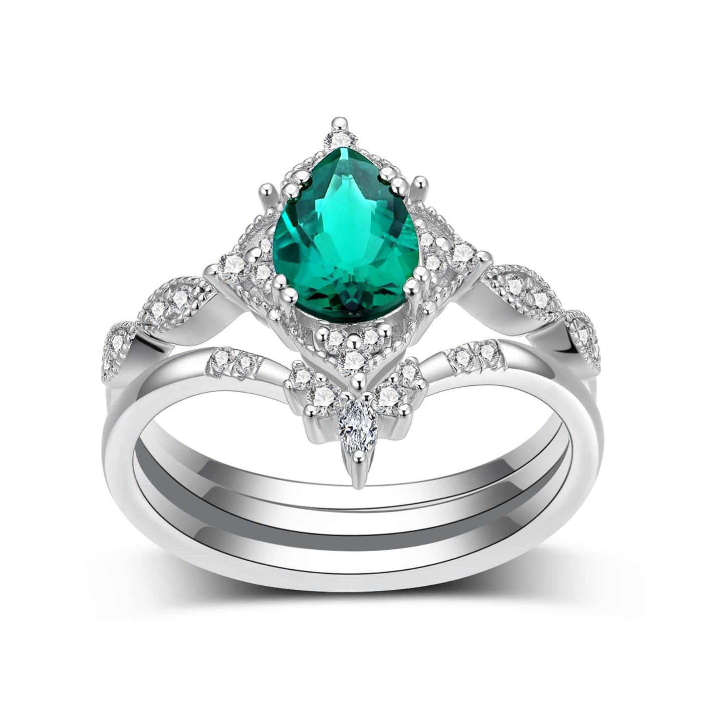 LieYovanaRing Pear Shaped Emerald Engagement Ring Set for Women, 925 Sterling Silver Pear-Cut Emerald Green Fashion Jewelry Wedding Bridal Band Rings for Women Her (6)