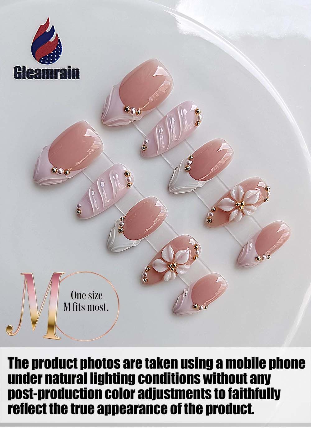 Gleamrain Almond Medium Handmade Press on Nails for Women, Handcrafted Floral Design Reusable Full Cover Fake Nail for Daily Wear Party Birthday D311