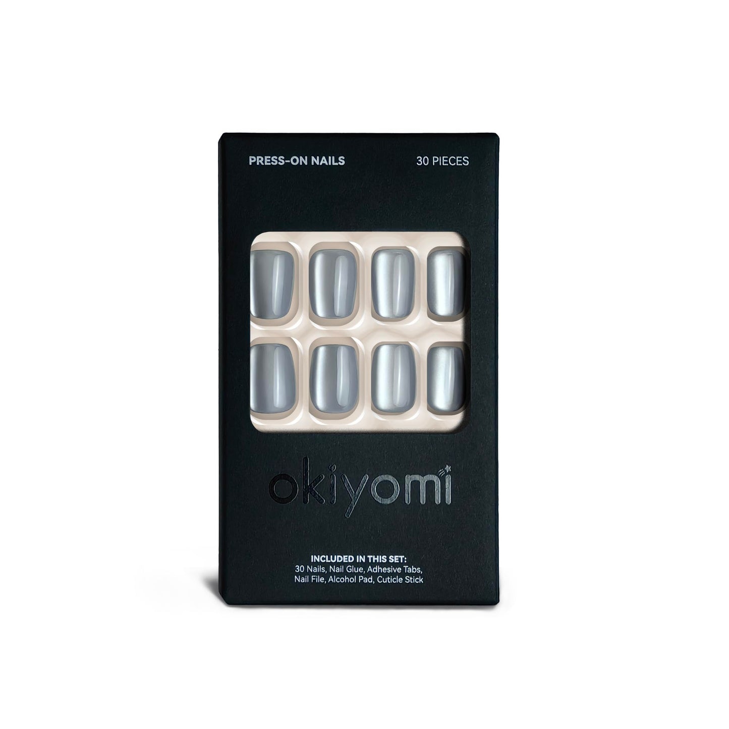 Okiyomi Silver Press on Nails - Metallic Cat Eye Press on Nails | Magnetic Moonlit Shimmer - Short Ballerina Squoval Shape - 15 Sizes - 30 Soft Gel Fake Nails with Glue and Stick On Tabs