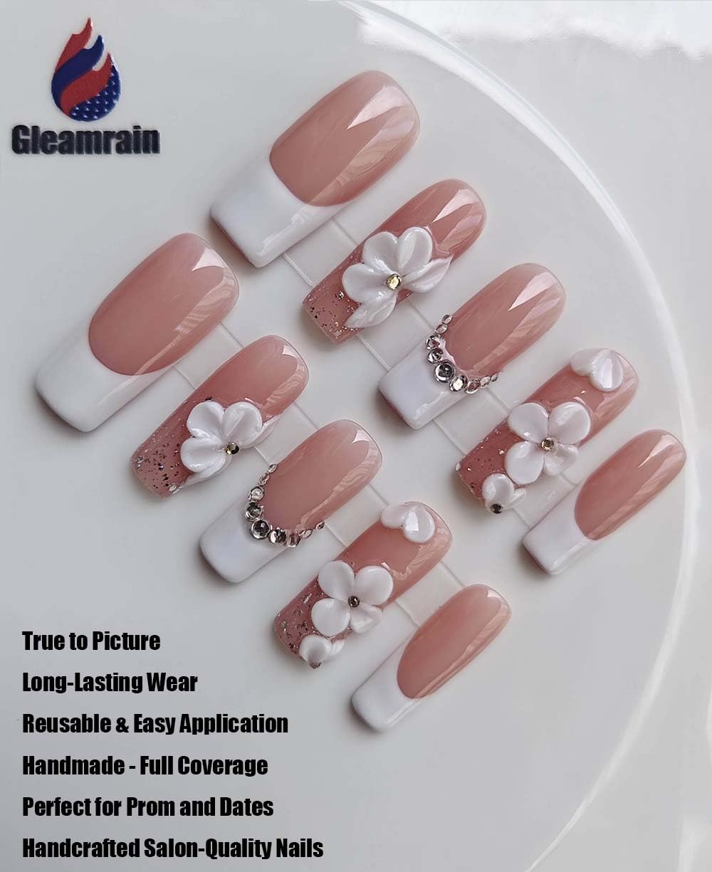 Gleamrain 10pcs Handmade Long Press-on Nails Coffin Shape (M Size) with 3D Flower Designs Nude French Nails Press Ons for Women Suitable for Vacation, Beach Proms, Parties or Daily Wear, D107