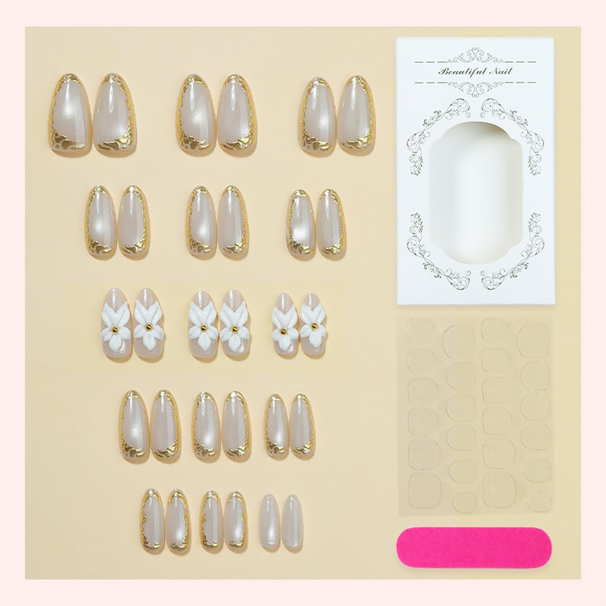 30Pcs Flower Press on Nails Medium Almond Fake Nails with Gilding Line Design 3D White Flower False Nails Gold Rhinestones Artificial Stick on Nails glitter Full Cover Glue on Nail for Women Supplies