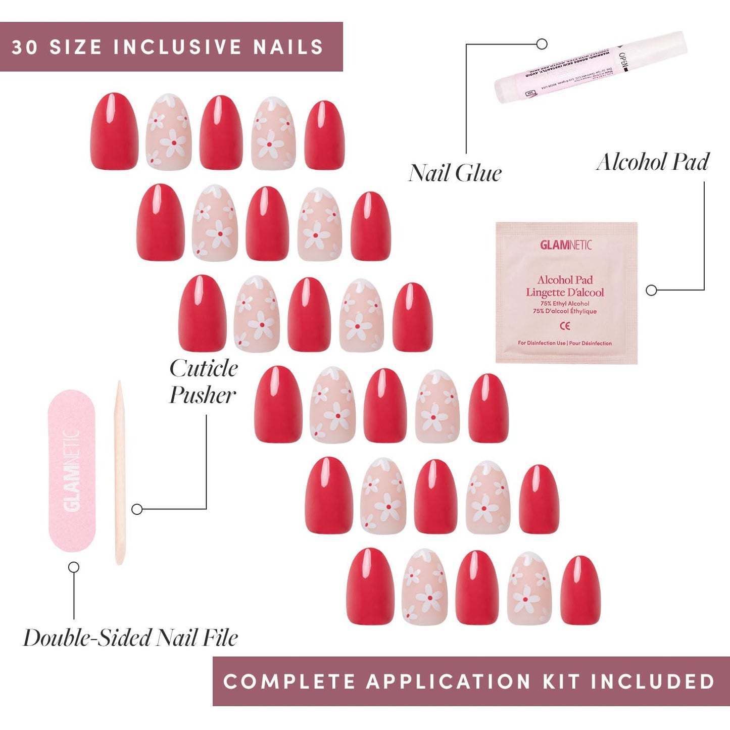 Glamnetic Press-On Nails Bundle - Red Blossom, Goal Digger & Fairy Dust | Oval Fake Nails with Floral Accents | Almond Black French Tip False Nails | Glazed Short Almond False Nails