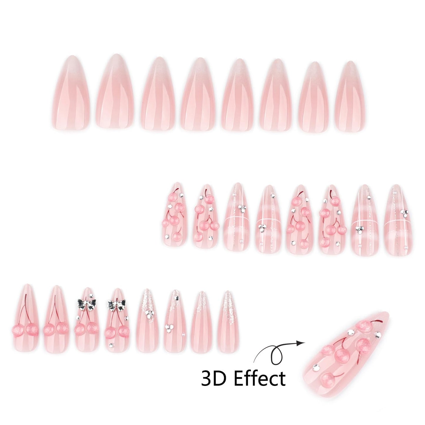Mivota Press On Nails Almond Long, Pink Cherry 3D Rhinestone Design, Glossy Acrylic Fake Nails, Reusable Stick On Nails Set 24pcs, Cute Luxury Nail Art for Women, Party Wedding Manicure