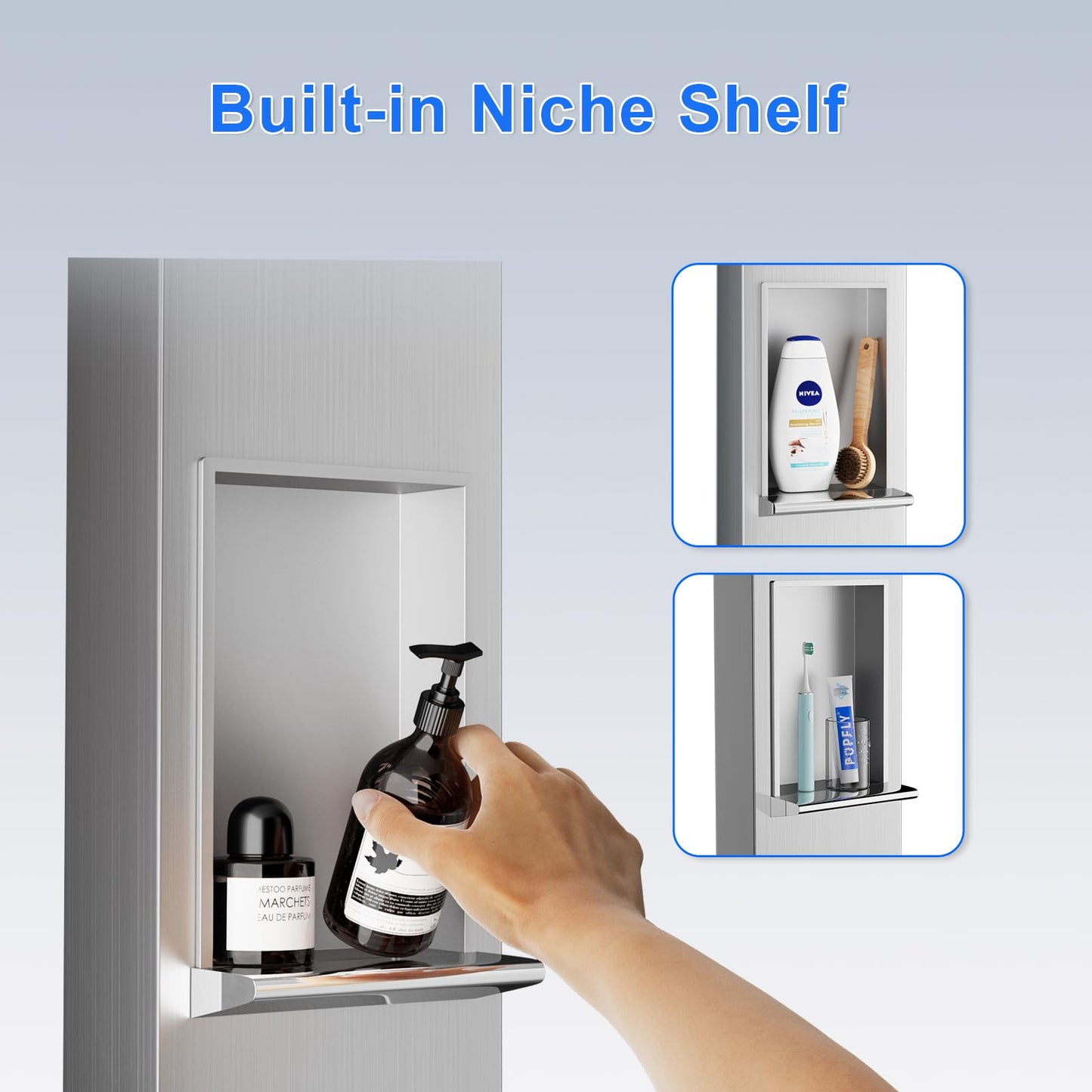 POPFLY Shower Panels System with 8-inch Rainfall Shower and Shelf, Shower Tower with Adjustable Head, 6 Body Jets and 5-Setting Handheld Shower, Brushed Nickel, Stainless Steel