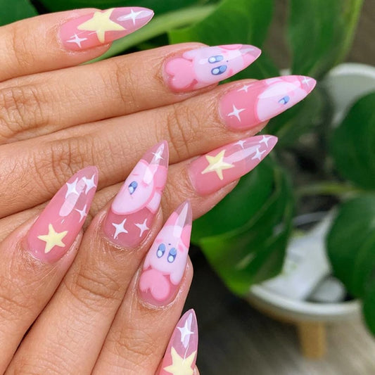 MINGCHUN Pink Press on Nails Medium Almond French Tip Fake Nails Press ons Acrylic Nail Art Kit Full Cover False Nails Glue on Nails with Kawaii Elf Starry Sky Design for Women Nail Supplies 24Pcs