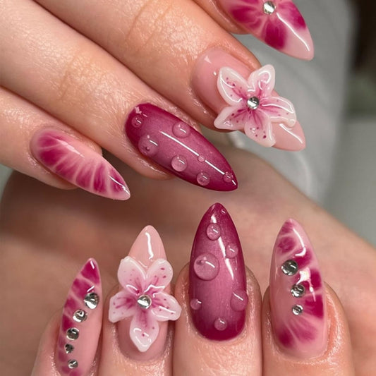 3D Flower Press on Nails Medium Almond Fake Nails with Rhinestones Design Stick on Nails Floral False Nails Artificial Full Cover Acrylic Glue on Nail for Women Nail Art Decoration 24Pcs