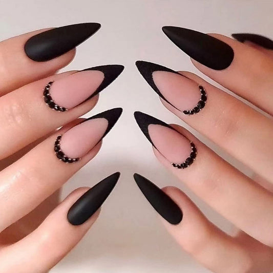 MISUD Press on Nails - Medium Stiletto Glue on Nails with Matte Black, Acrylic Bling Glitter Design 24 pcs