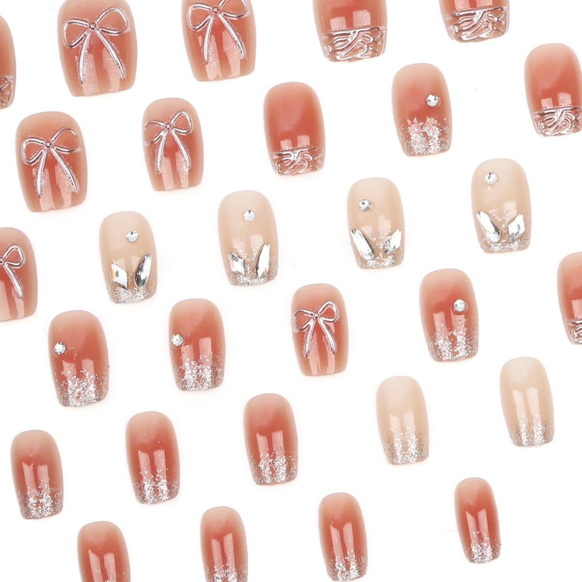 CTTHNBD Press on Nails Short - Square Fake Nails with Silver Bow Design - Glitter, Nude False Nails Press ons - for Women 24 Pcs