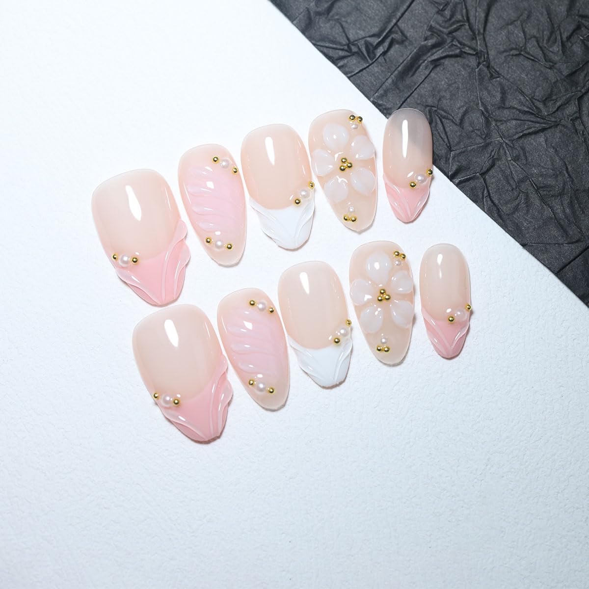 10Pcs Short Almond Handmade Press On Nails | Nude Pink Ombre with 3D Floral, Pearl & Gold Bead Decor | Reusable Salon-Quality Fake Nails for Women and Girls (PZ03, S)