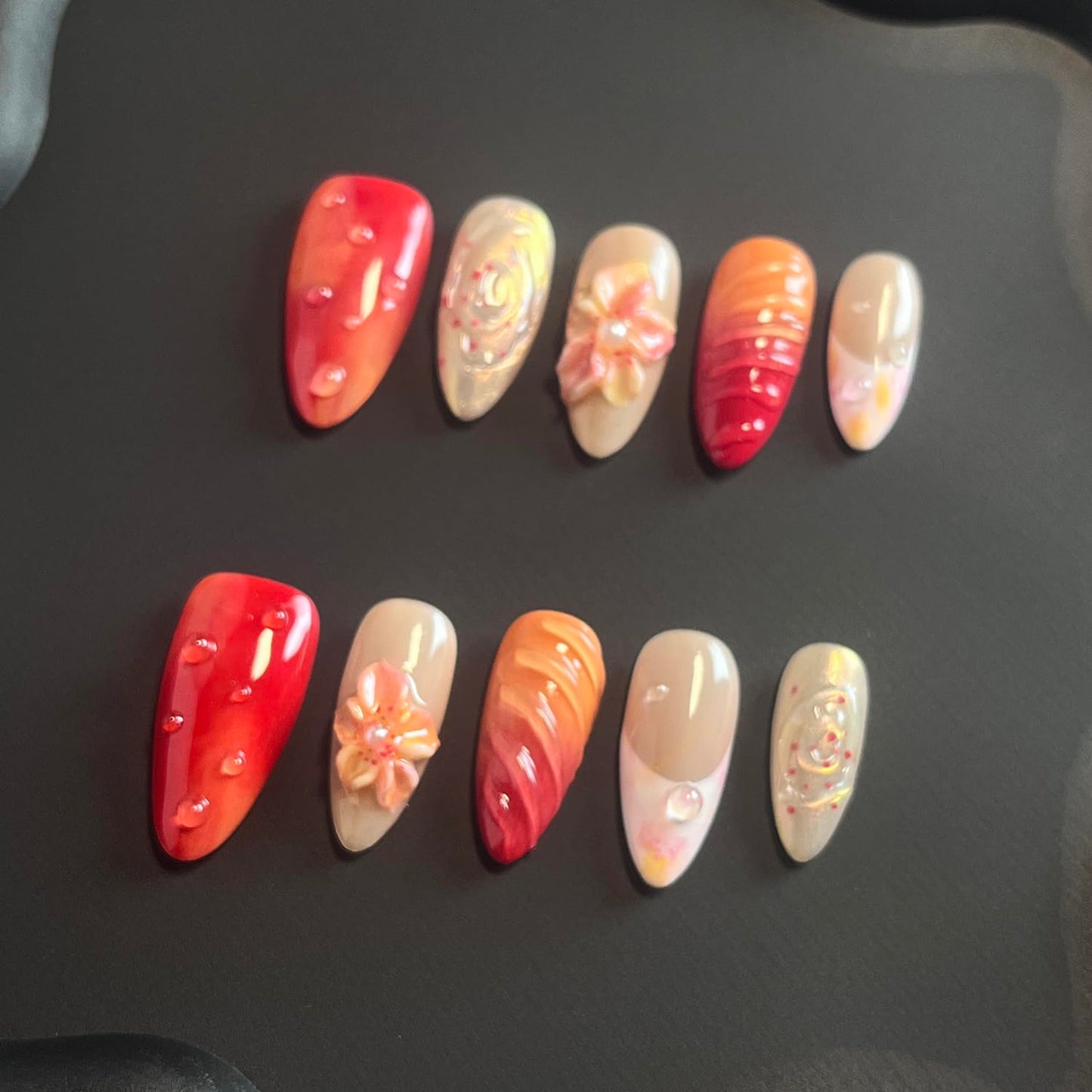 Luxury Press on Nails Medium Almond Handmade 3D Unique Reusable ABS Material Fake Nails Red&Orange False Nails with Designs Flower Water Drop Art Petal Glossy Glue on Thick Acrylic Nails(S)