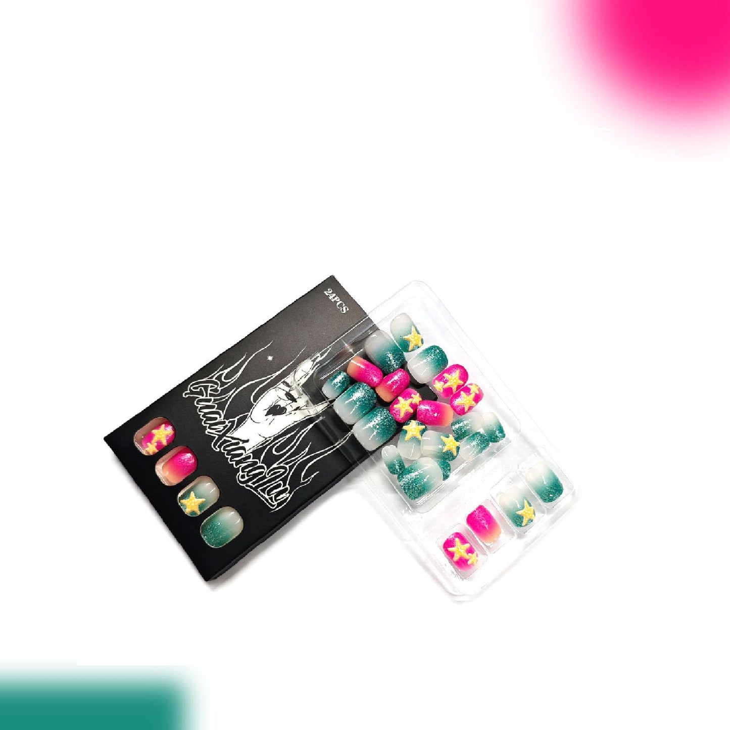 24Pcs Starfish Press on Nails Short Square Fake Nails with Gradient Glitter Designs Nails Press ons Red Green Artificial Nails Summer Stick on Nails for Women