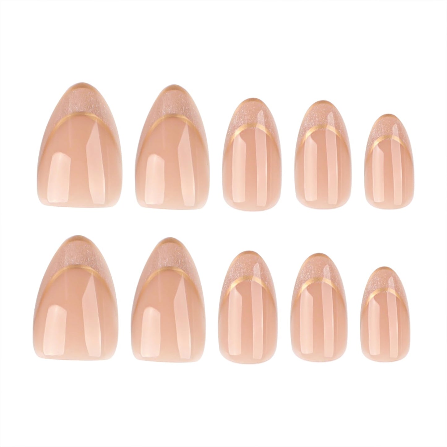 Short Almond Press On Nails – Nude Glitter French Tips with Gold Outline, Glossy Acrylic Fake Nails, Reusable Stick On Nails Kit for Women, Elegant Shimmery Manicure Set