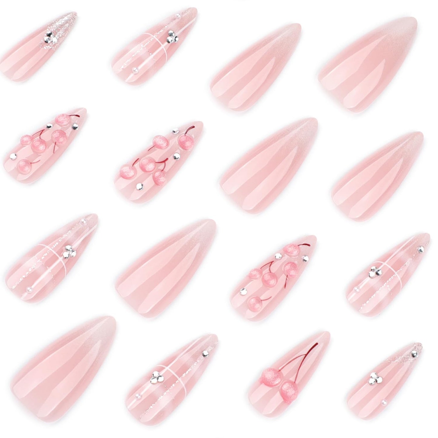 Mivota Press On Nails Almond Long, Pink Cherry 3D Rhinestone Design, Glossy Acrylic Fake Nails, Reusable Stick On Nails Set 24pcs, Cute Luxury Nail Art for Women, Party Wedding Manicure