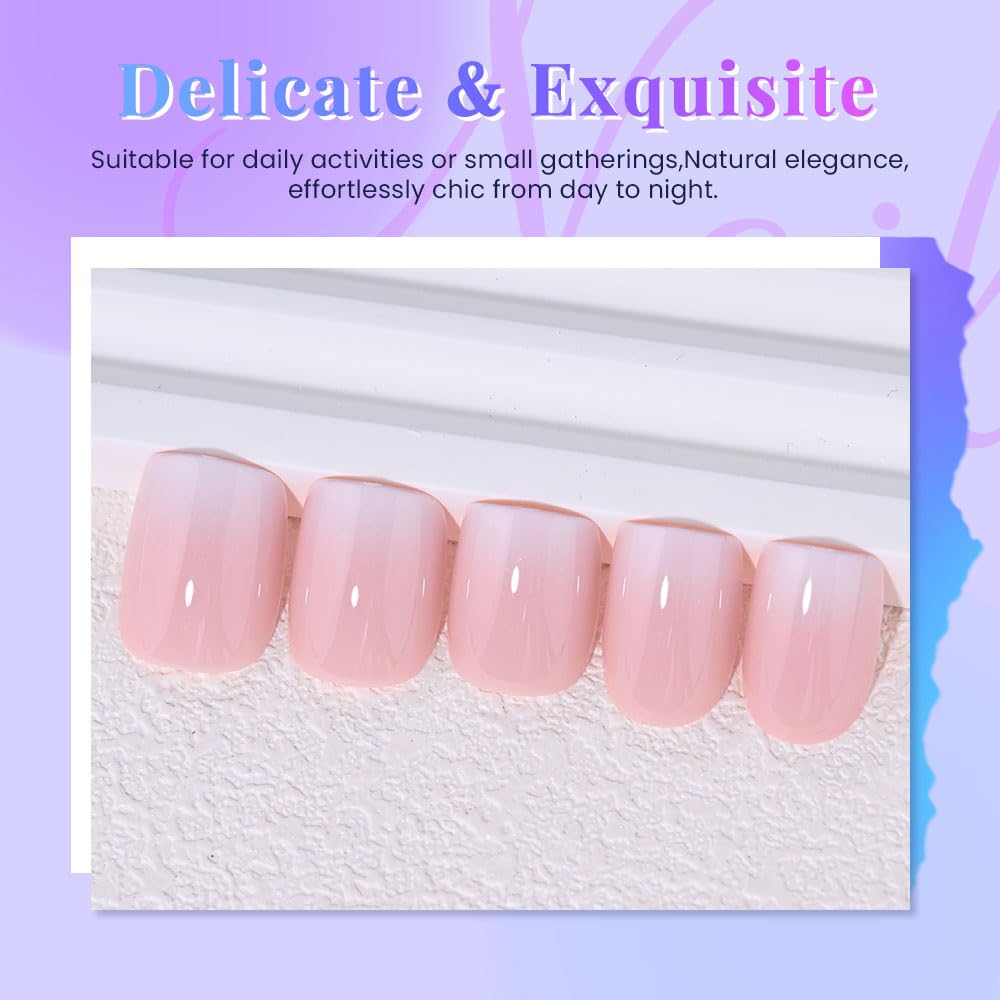 XZMeiLun Pink Brown and White Ombre Press on Nails, Short Square Acrylic Fake Nails Design, Natural Reusable Nails Kit for Women DIY False Nail Art Decoration Gift, Salon Quality Reusable