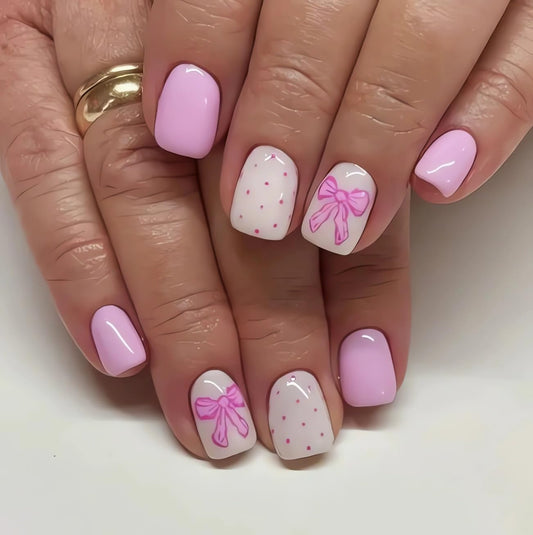 Purple Square Press on Nails Short Cute Fake Nails Valentine’s Day Press on Nail with Bow-Polka Dot Designs Pink Acrylic Full Cover Valentines Nails Glue on with Designs False Nail for Women 24PCS
