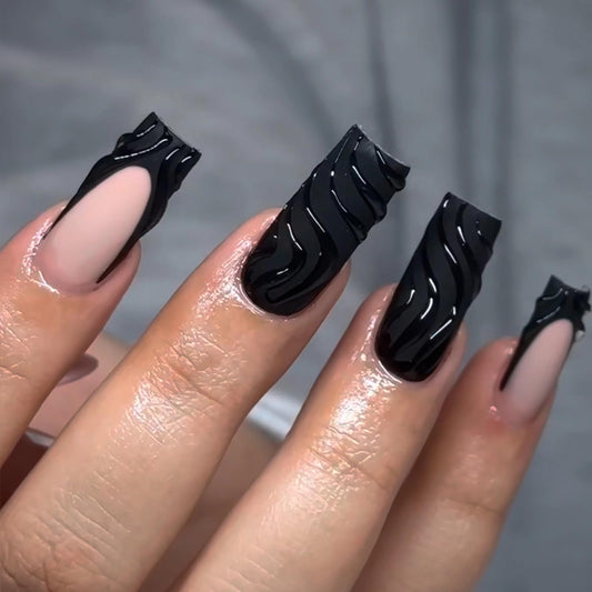 MISUD Press on Nails - Long Square Glue on Nails with Matte Black French Tip, Acrylic Handmade 3D Gel Design 24 pcs
