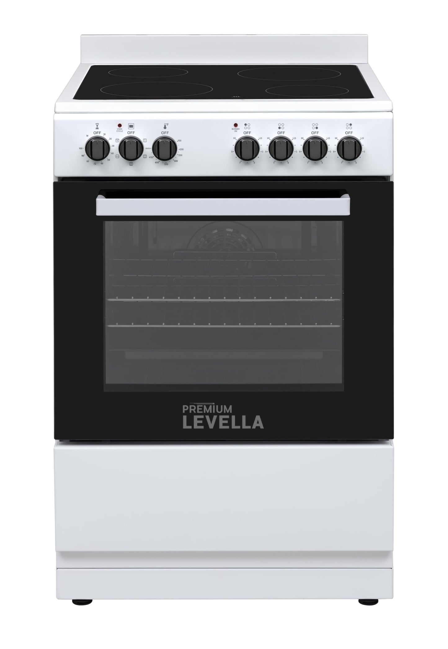 Premium Levella PREV2405VW 24 in Freestanding Vitroceramic Smooth Cooktop Electric Range with 4 Burners and 2.4 Cu. Ft. Single Convection Oven in White