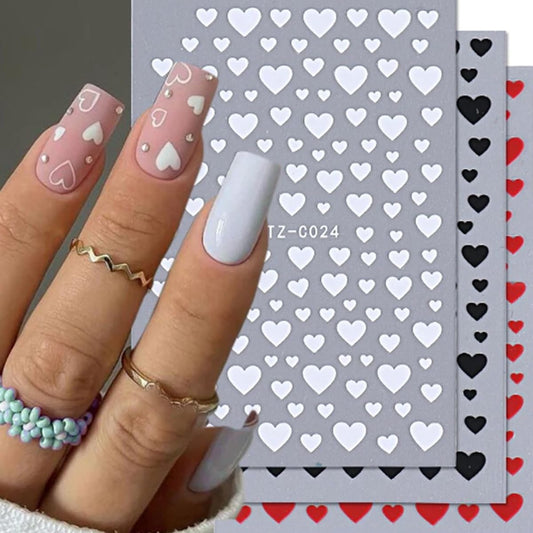 Heart Nail Stickers -Valentine's Day Nail Art Supplies Heart Nail Decals for Women - 3D Self Adhesive Heart Nail Art Sticker - Heart Love Black Red White Nail Designs DIY Valentine Manicure Decor 6PCS