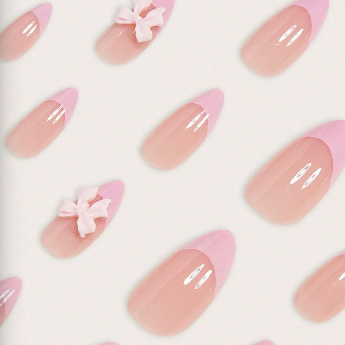 24Pcs French Tip Press on Nails Fake Nails with Pink Bow Design Gloss Short Almond-Shaped False Nails Cute Bow Press ons Stick on Nails Acrylic Artificial Fingernails for Women Girls
