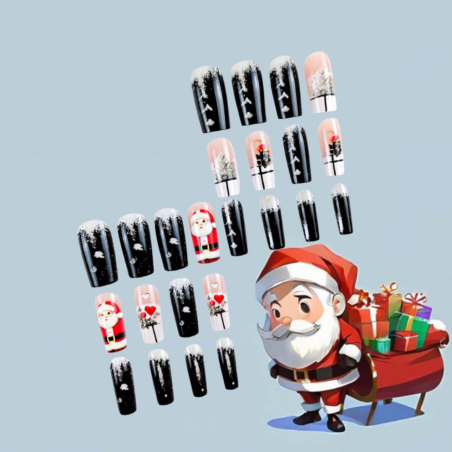 Santa Claus Press on Nails Christmas Medium Square False Nails 24Pcs Snowflake Stick on Fingernails Glossy Red Love Heart Acrylic Fake Nail Flower Gel Glue on Nail for Women Xmas Gift