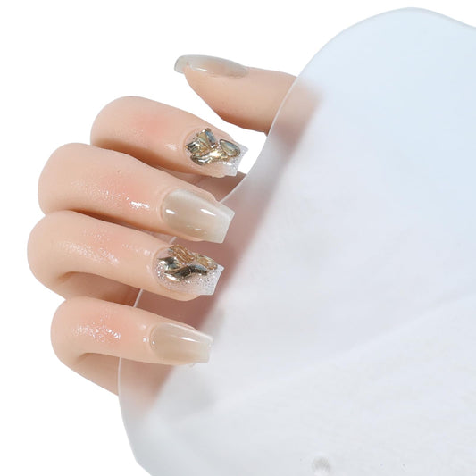 AEZUNI Press On Nails -Bling Light Grey Gradient Medium Square False Nails for Women Gilrs | Reusable Stick On Fake Nails with Glue | Medium Size