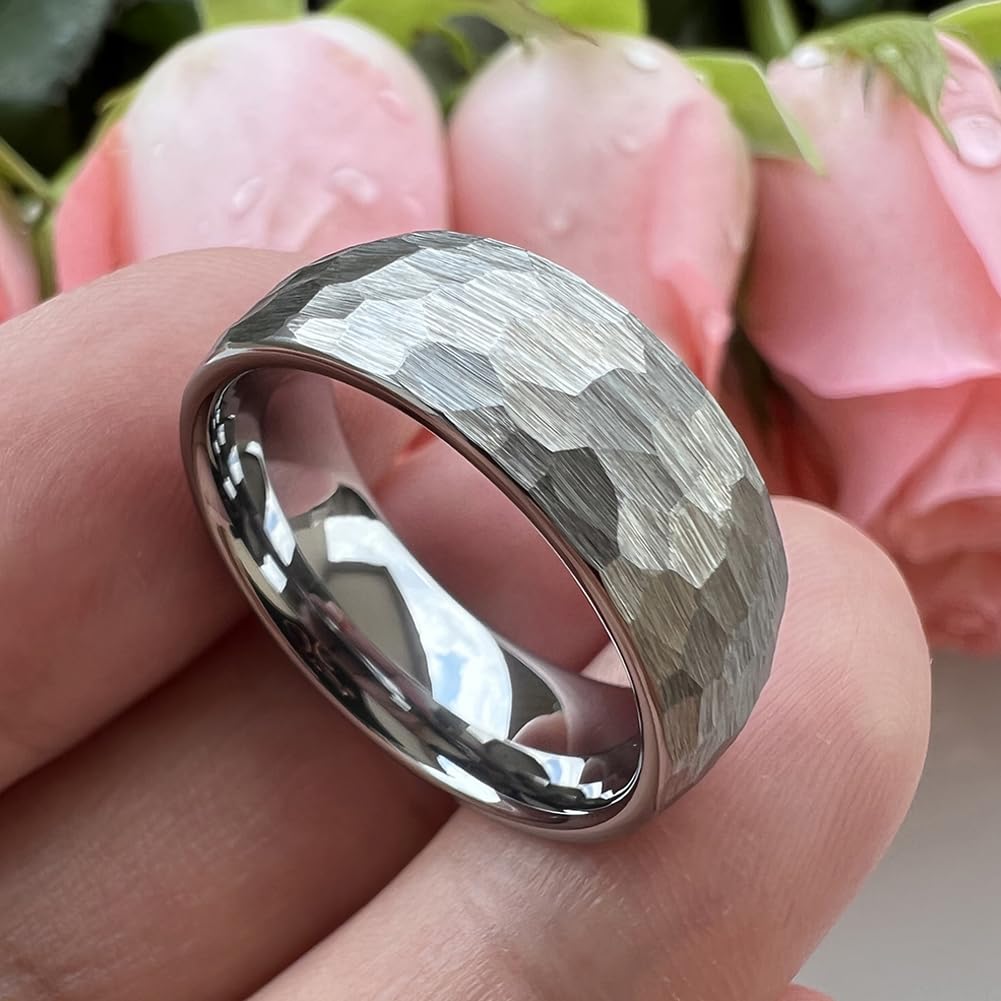 TUTISS 8mm Hammered Tungsten Rings for Men Women Fashion Engagement Wedding Bands Domed Matte Finish Comfort Fit Size 9.5