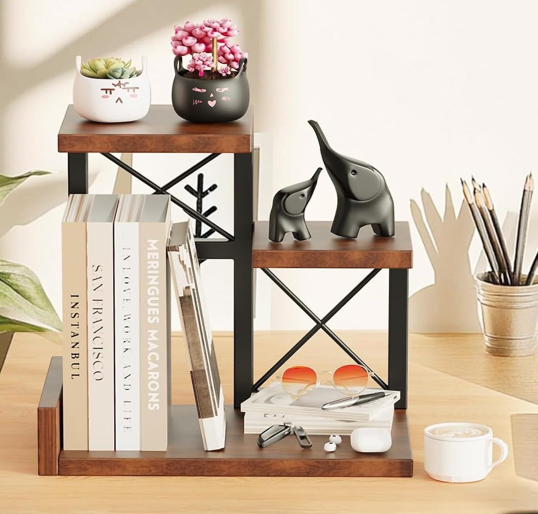 Abiglifty Desk Shelf Organizer, Wooden Desktop Organizers, 3 Tier Desk Hutch Small Bookshelf, Nightstand Organizer, Riser Display Stand for Office, Dorm, Home (Brown)