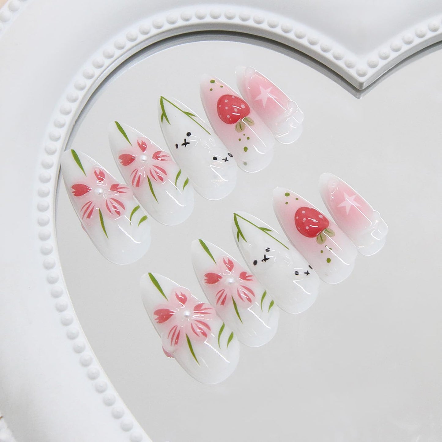 EYZOTSF Press on Almond Nails Medium Length Glossy Full Cover Acrylic Almond Shaped False Nails with Designs Artificial Fake Nail with Charms Glue Stick ons Fingernails for Women Girls(Z1094)