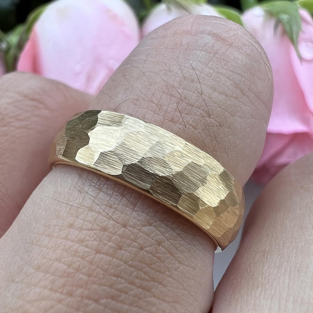 TUTISS 6mm Gold Hammered Tungsten Rings for Men Women Engagement Wedding Bands Domed Matte Finish Comfort Fit Size 9.5