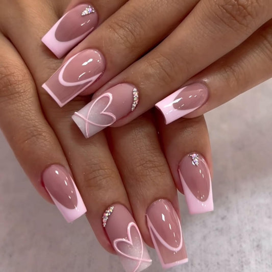 Heart Press on Nails Medium Square Artificial Acrylic Fingernails French Pink Tip False Nails Translucent Love with Rhinestones Valentines Stick on Nail Full Cover Glossy Glue on Nail for Women