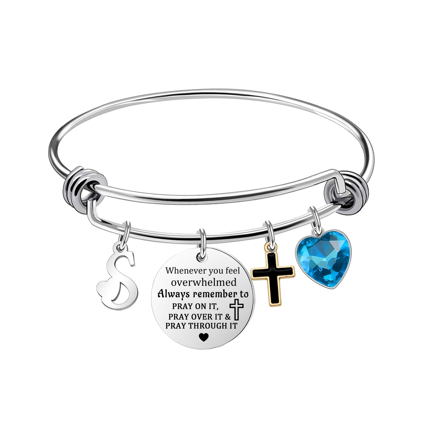 Inspirational Bracelet for Women, Initial Letter Charm bracelet for Female Cross Motivational Gifts for Her Daughter Sister Friends Back to School Birthday Christmas Presents (S)
